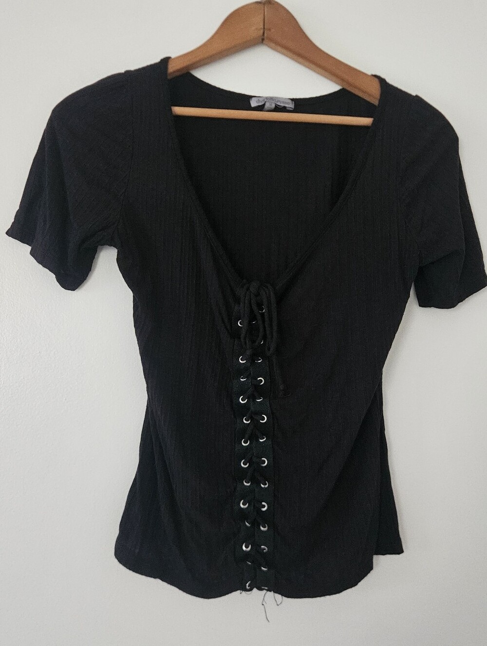 Y2K Womens Top Lace Up 90s Minimalist Goth Ribbed Whimsigoth VTG Grunge Fitted